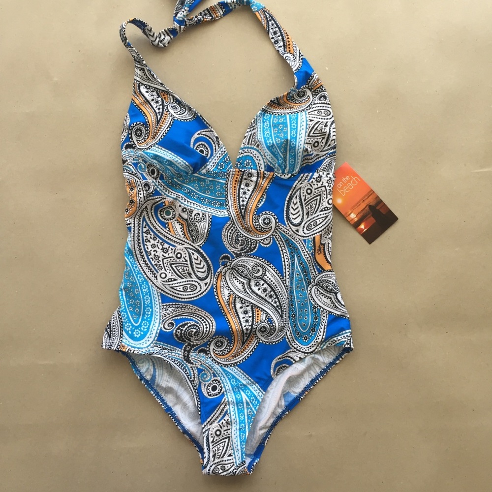 One Piece Swimsuit Halter Blue Paisley Sz 10